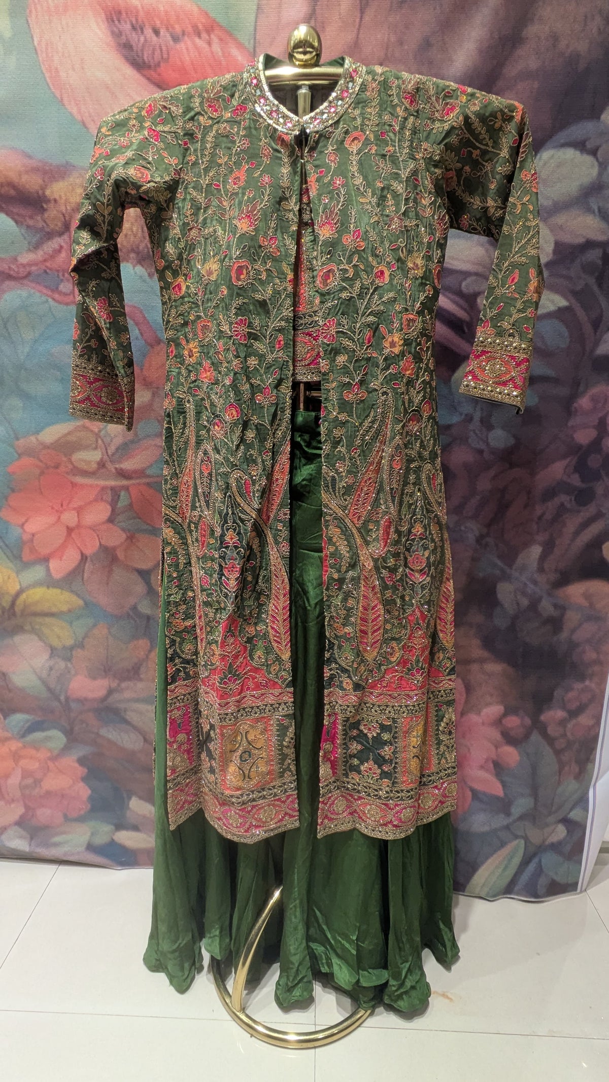 Olive Green Embroidered Jacket Palazzo Set.