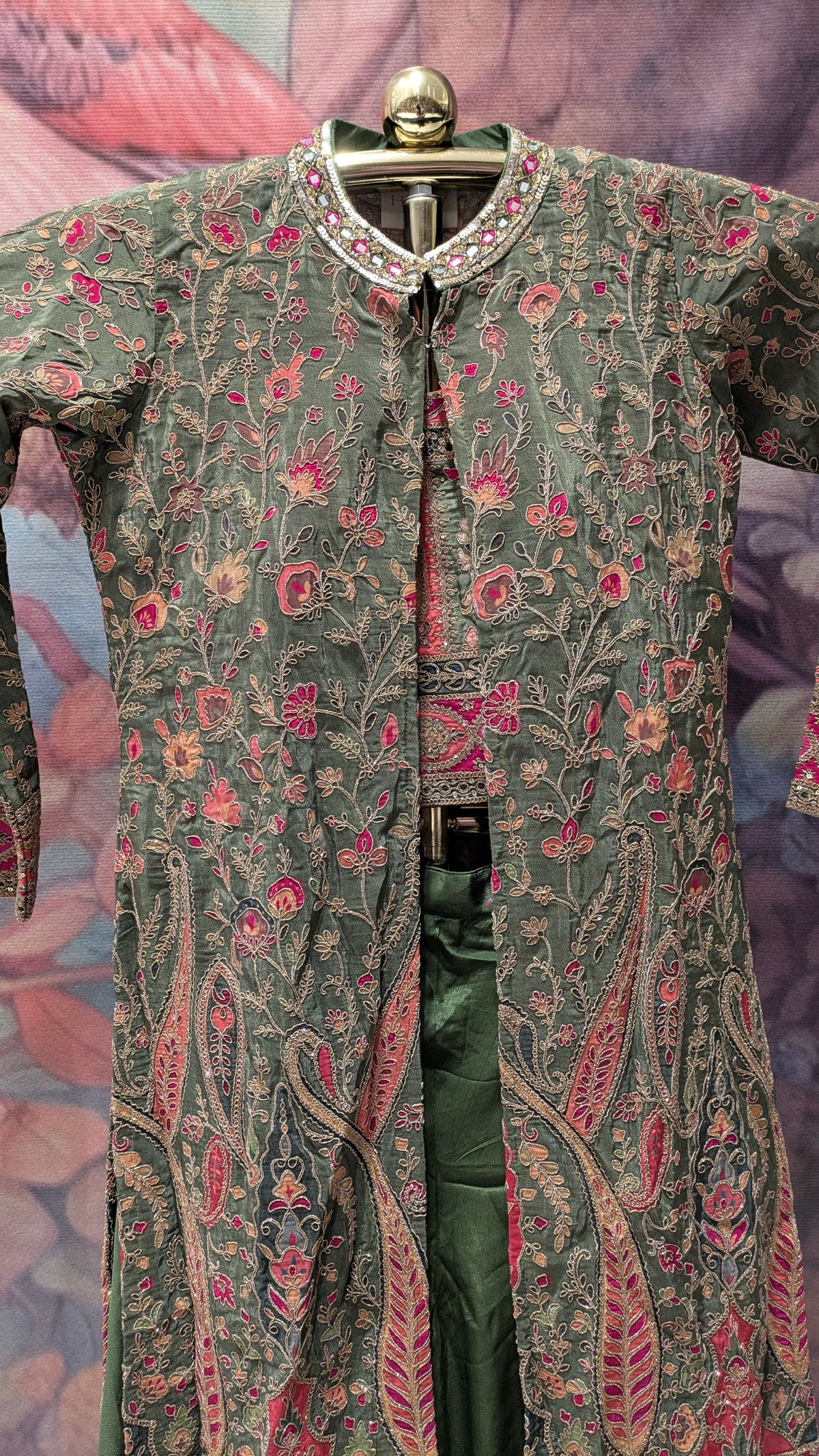 Olive Green Embroidered Jacket Palazzo Set.