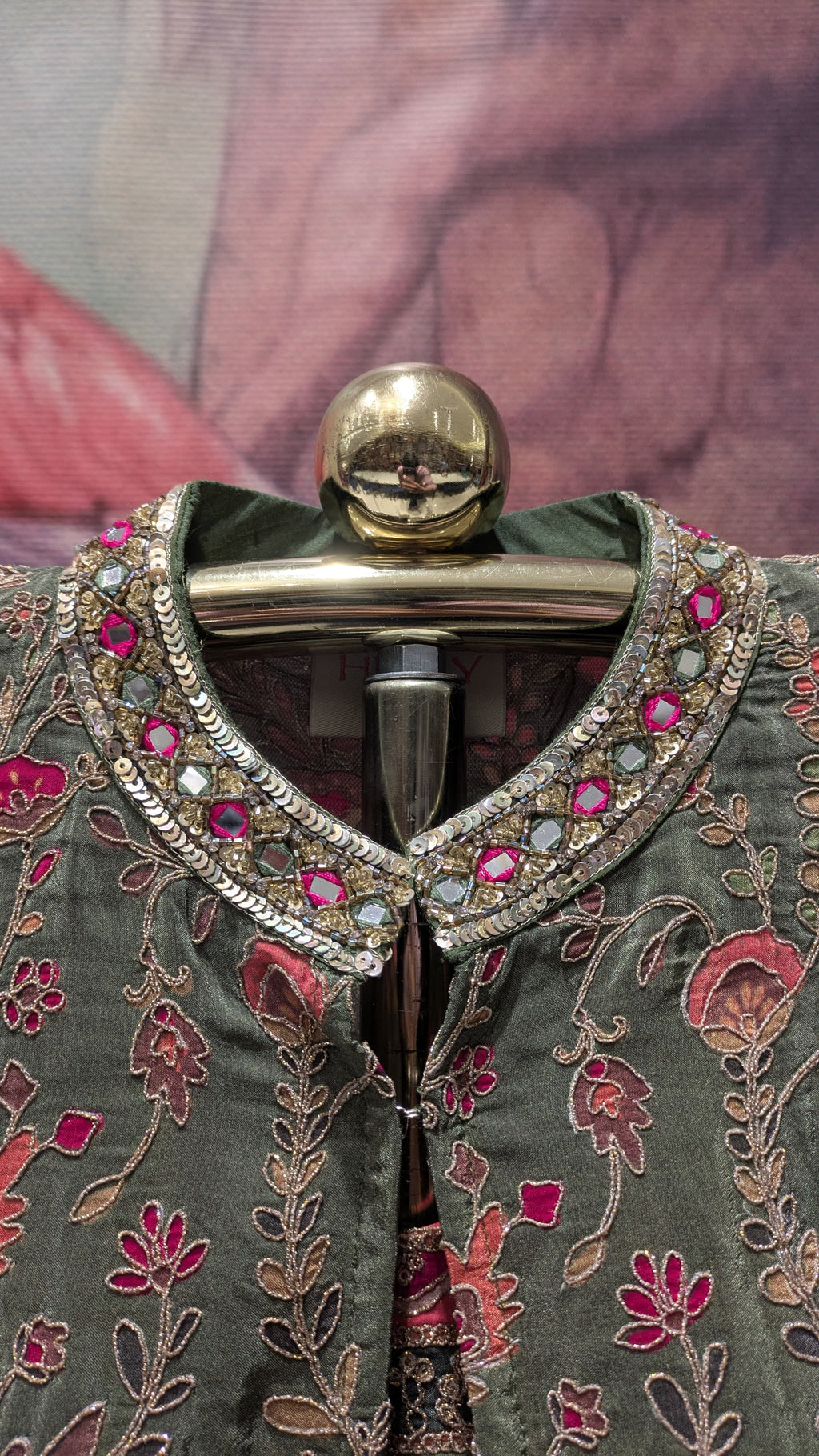 Olive Green Embroidered Jacket Palazzo Set.