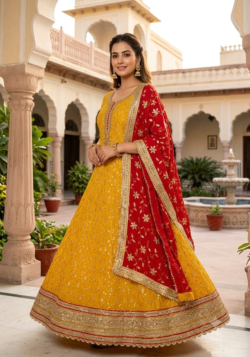 Mustard Yellow Georgette Embroidered Chikankari Anarkali Set.