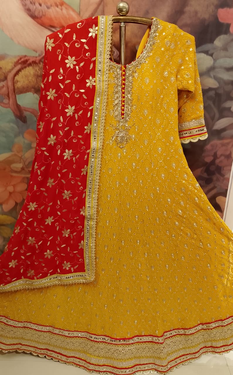 Mustard Yellow Georgette Embroidered Chikankari Anarkali Set.