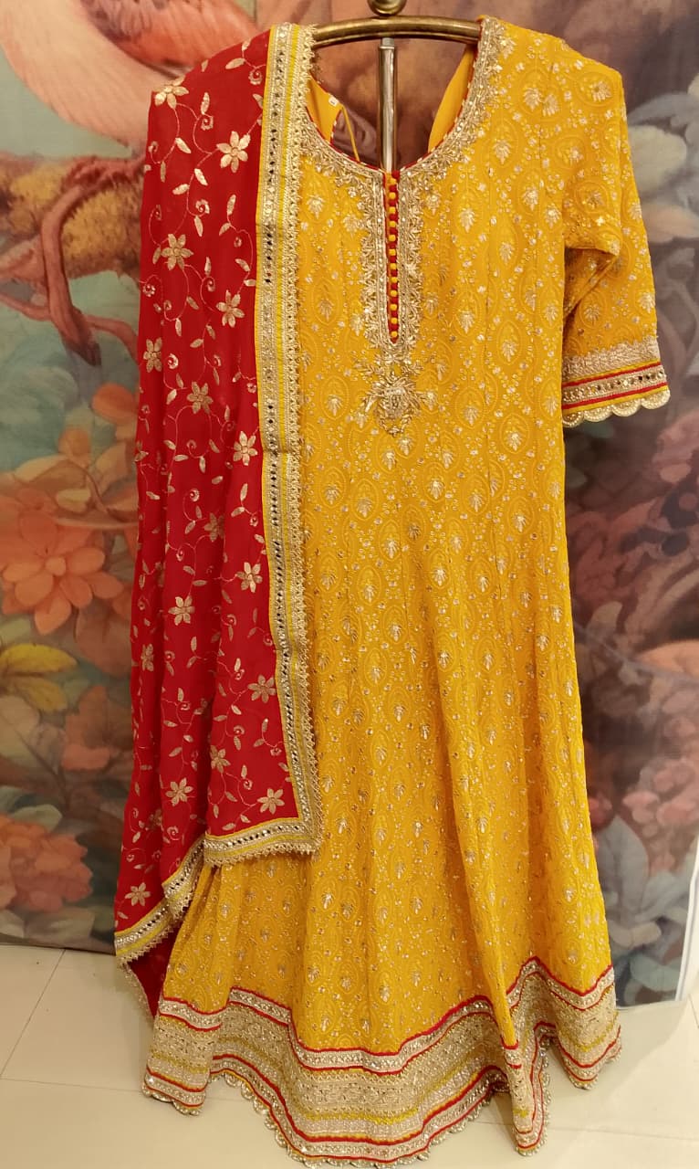 Mustard Yellow Georgette Embroidered Chikankari Anarkali Set.