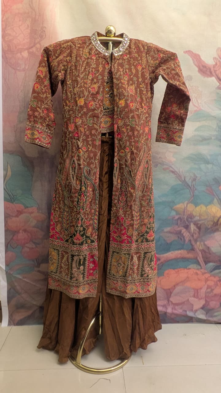 Rust Brown Embroidered Longline Jacket Palazzo Set.