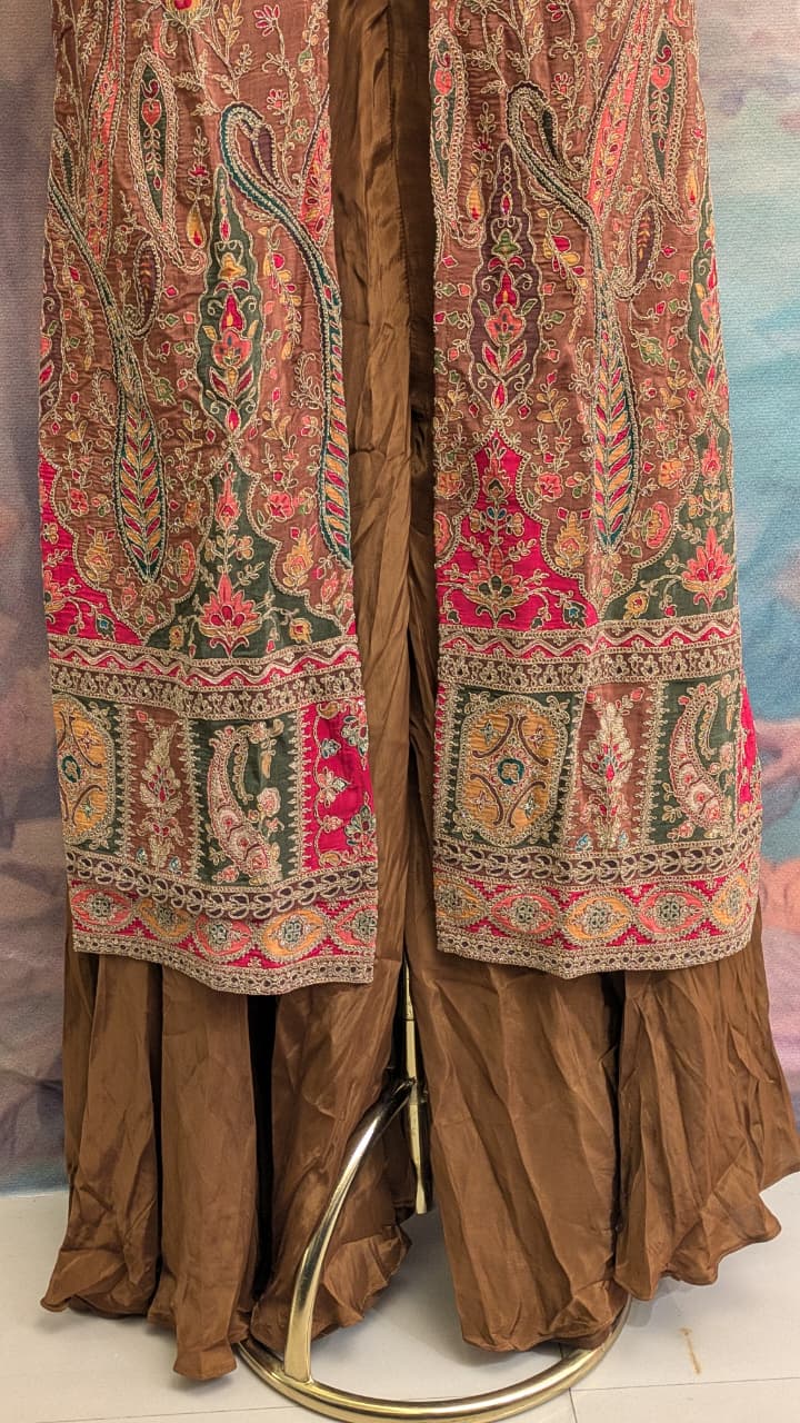 Rust Brown Embroidered Longline Jacket Palazzo Set.