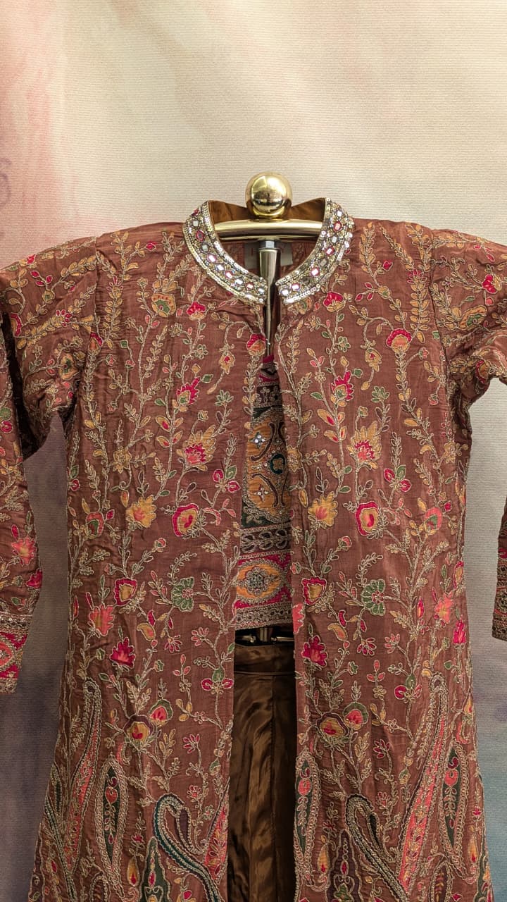 Rust Brown Embroidered Longline Jacket Palazzo Set.