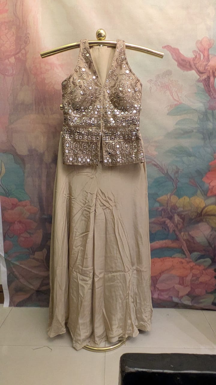 Celeste Champagne Gold Mirror Embellished Palazzo Set.