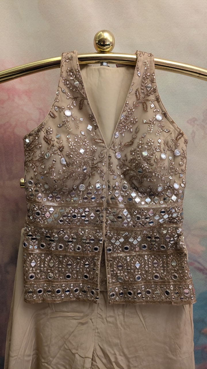 Celeste Champagne Gold Mirror Embellished Palazzo Set.