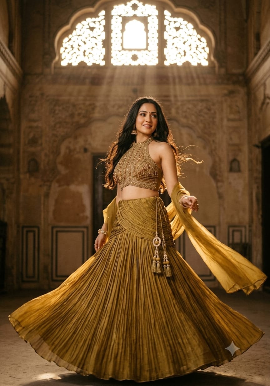 Olive-Gold Satin Silk Fish Cut halter-neck cropped Lehenga Choli Set.