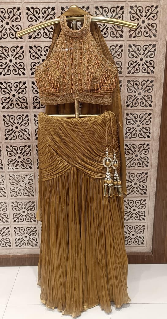 Olive-Gold Satin Silk Fish Cut halter-neck cropped Lehenga Choli Set.