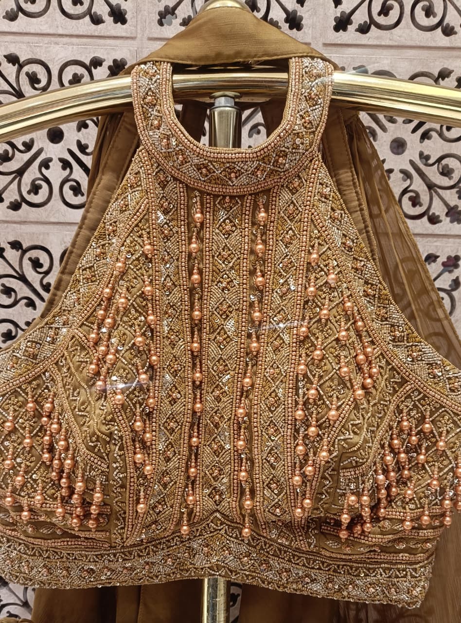 Olive-Gold Satin Silk Fish Cut halter-neck cropped Lehenga Choli Set.