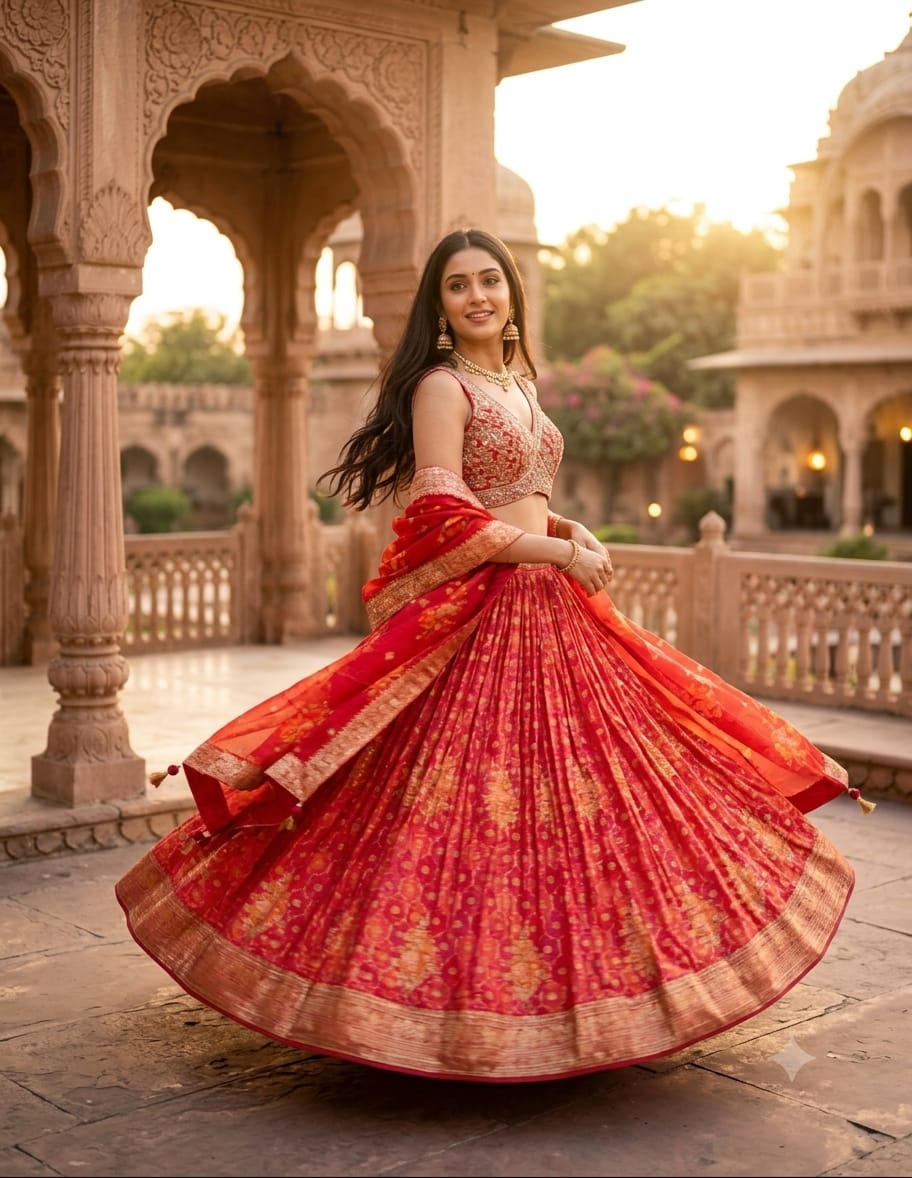 Scarlet Red Banarasi Silk & Embroidered Lehenga Set.
