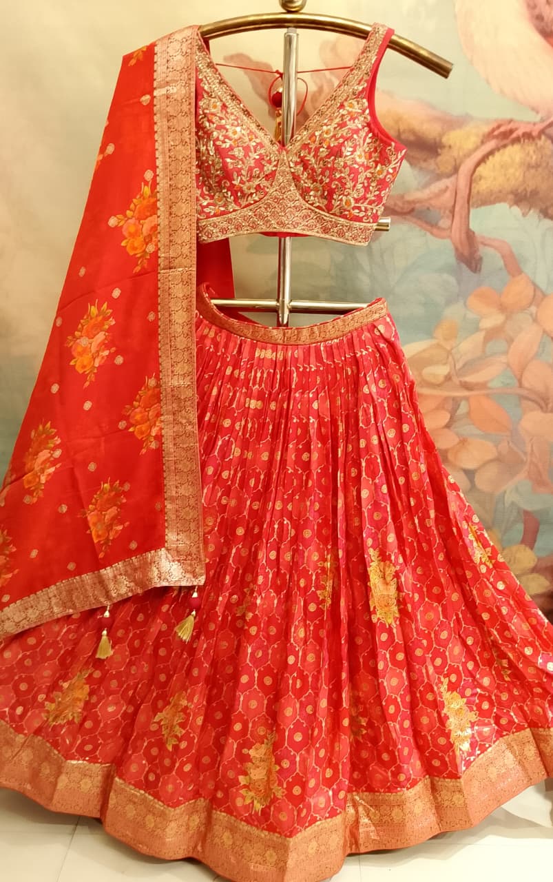 Scarlet Red Banarasi Silk & Embroidered Lehenga Set.