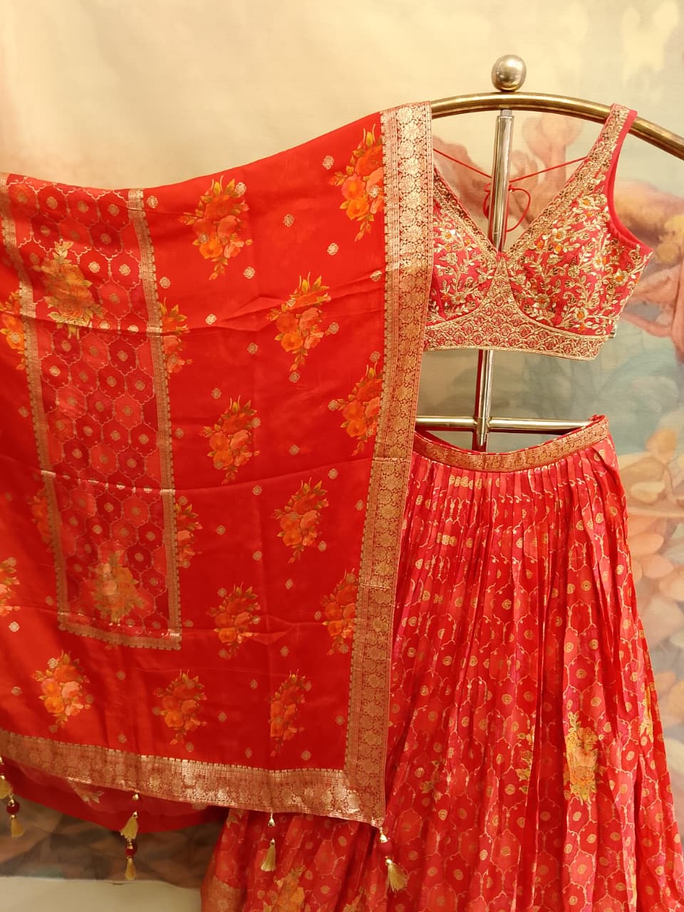 Scarlet Red Banarasi Silk & Embroidered Lehenga Set.