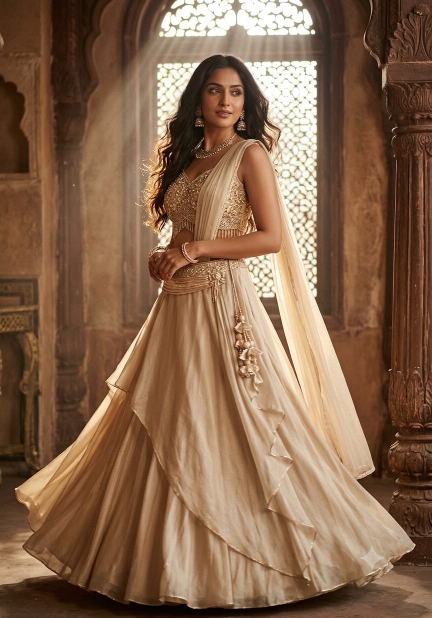 Champagne Gold Draped Satin Silk Hand Work Lehenga Choli Set.