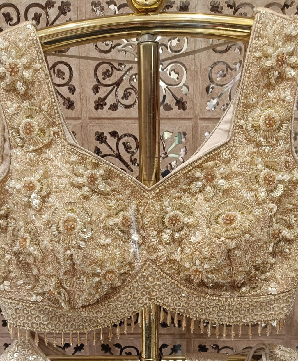 Champagne Gold Draped Satin Silk Hand Work Lehenga Choli Set.