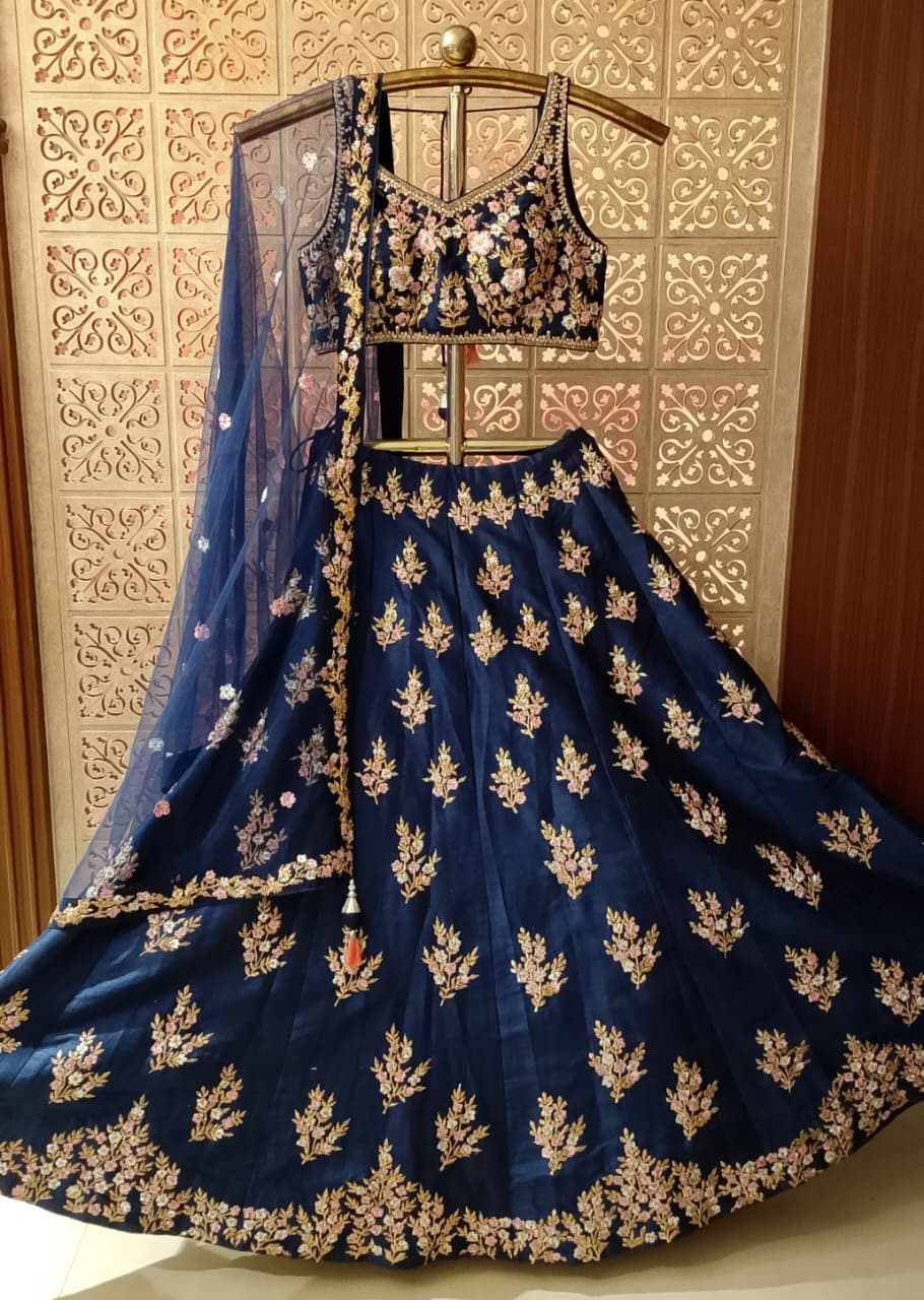 Royal Navy Blue Embroidered Silk Lehenga Choli Set.