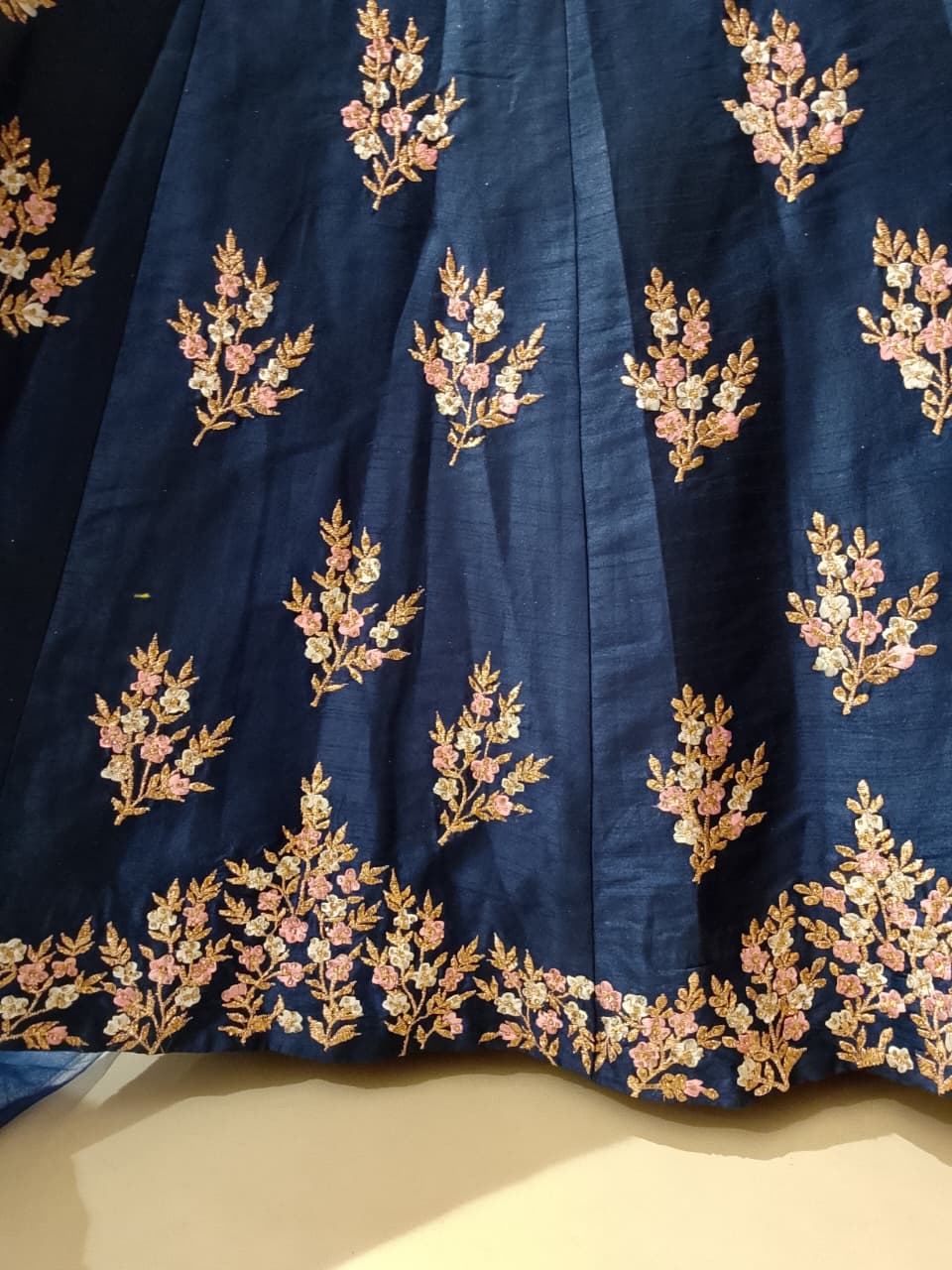 Royal Navy Blue Embroidered Silk Lehenga Choli Set.