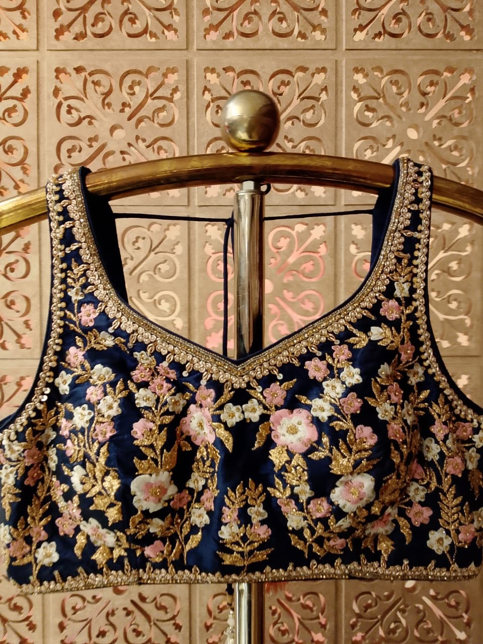 Royal Navy Blue Embroidered Silk Lehenga Choli Set.