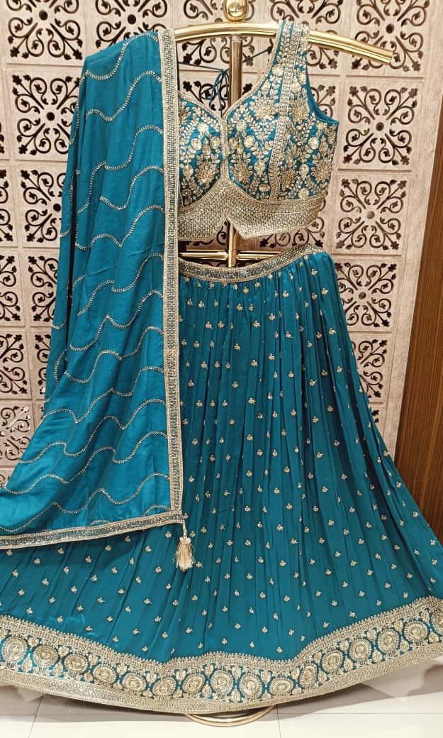 Teal Blue Zari & Sequin Embroidered Lehenga Choli Set