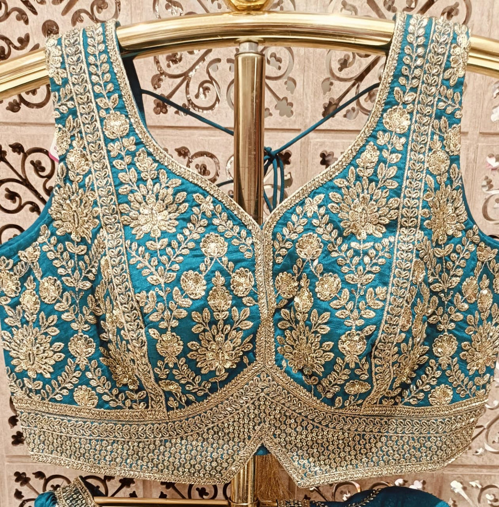 Teal Blue Zari & Sequin Embroidered Lehenga Choli Set