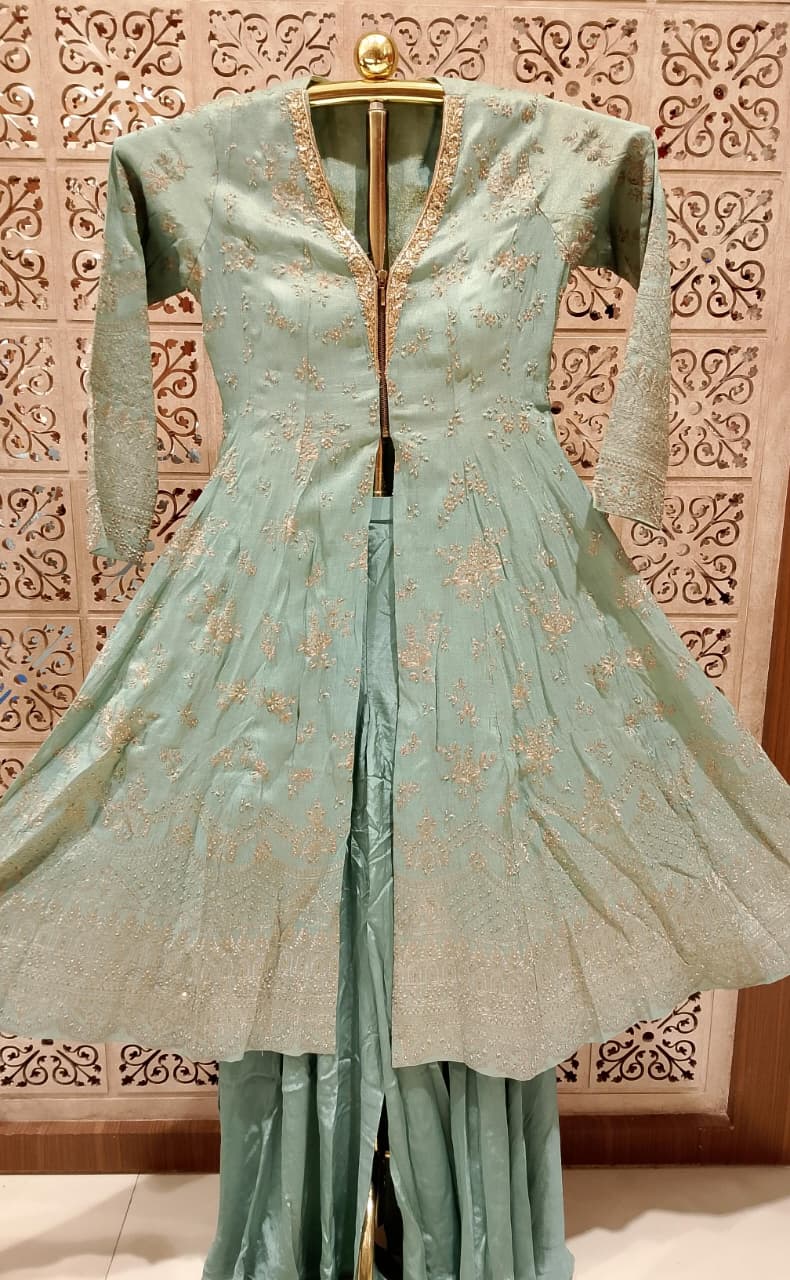 Mint Green Embroidered Longline Jacket Palazzo Set.