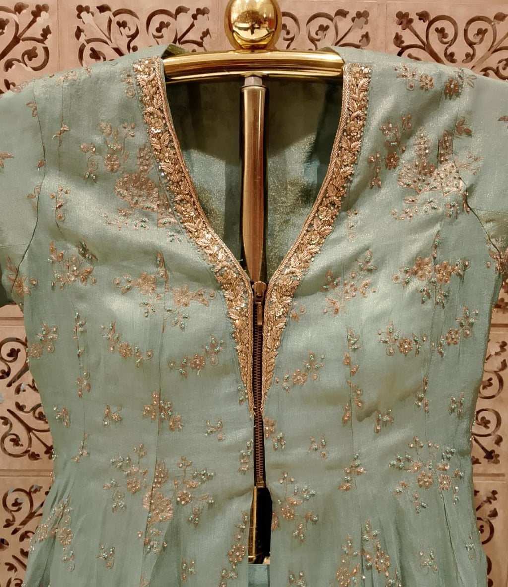 Mint Green Embroidered Longline Jacket Palazzo Set.