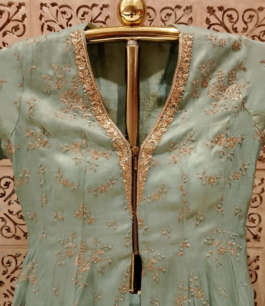 Mint Green Embroidered Longline Jacket Palazzo Set.