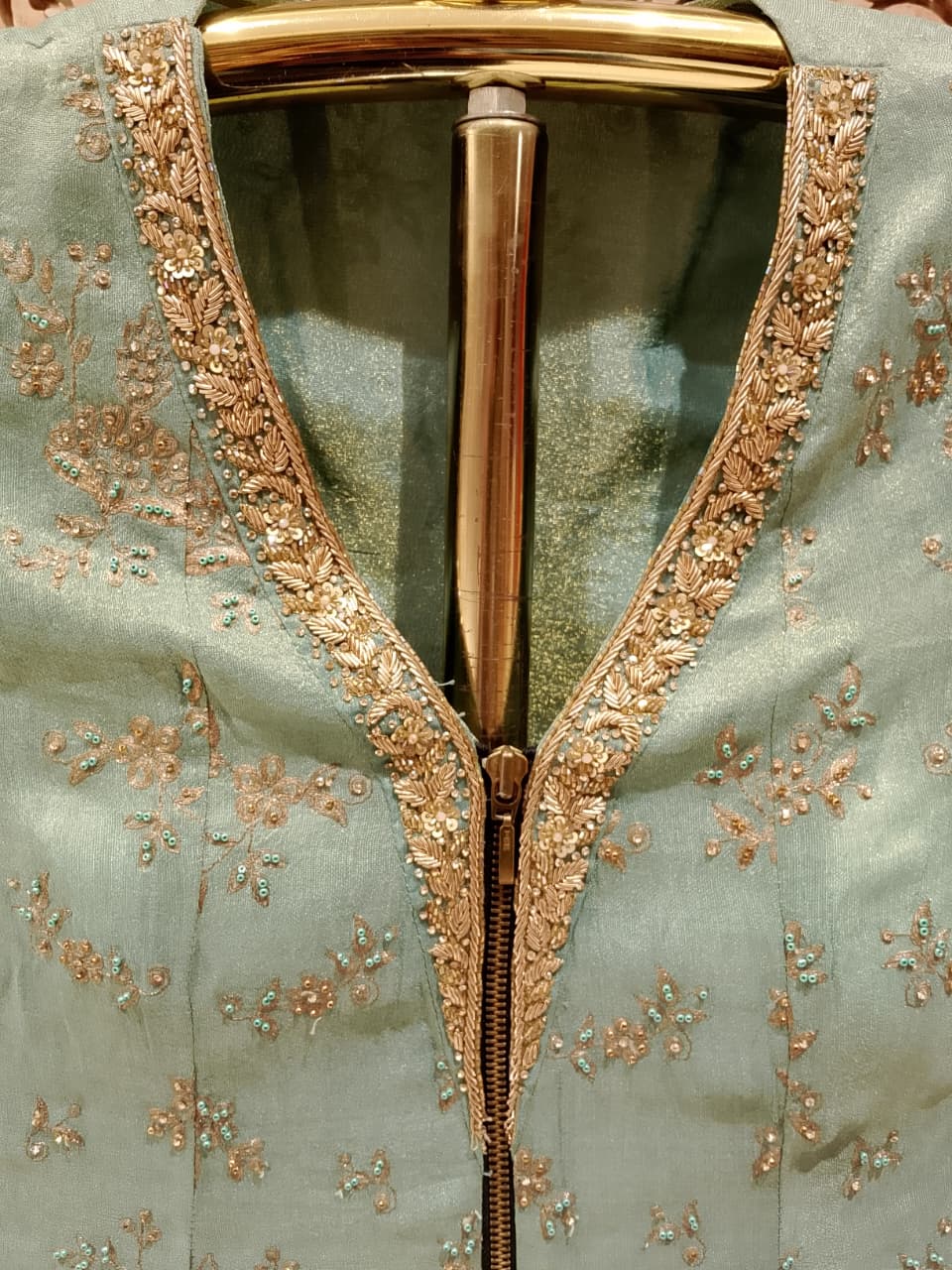 Mint Green Embroidered Longline Jacket Palazzo Set.