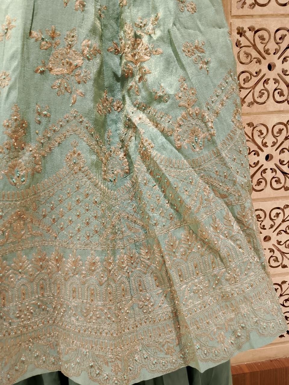Mint Green Embroidered Longline Jacket Palazzo Set.