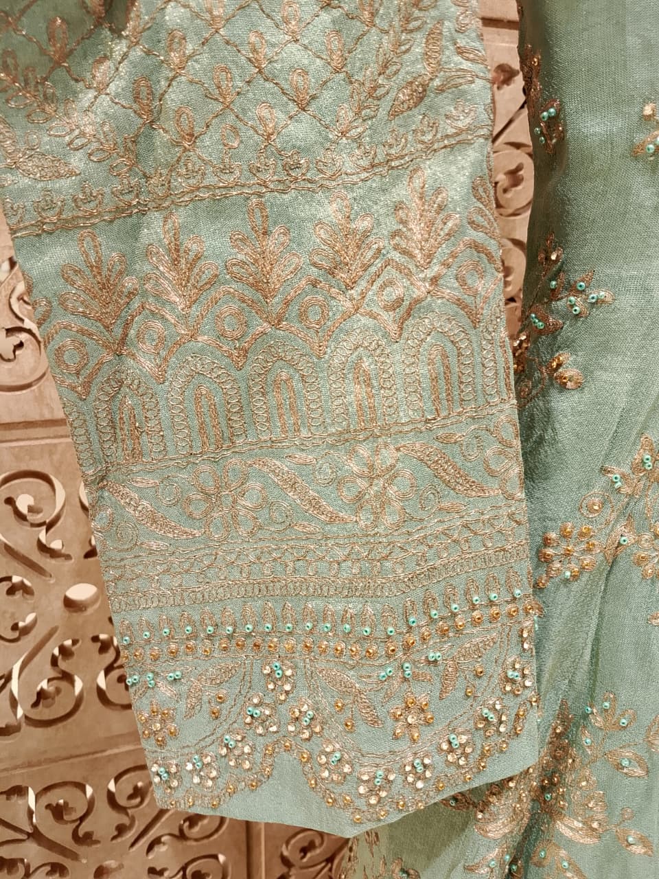 Mint Green Embroidered Longline Jacket Palazzo Set.
