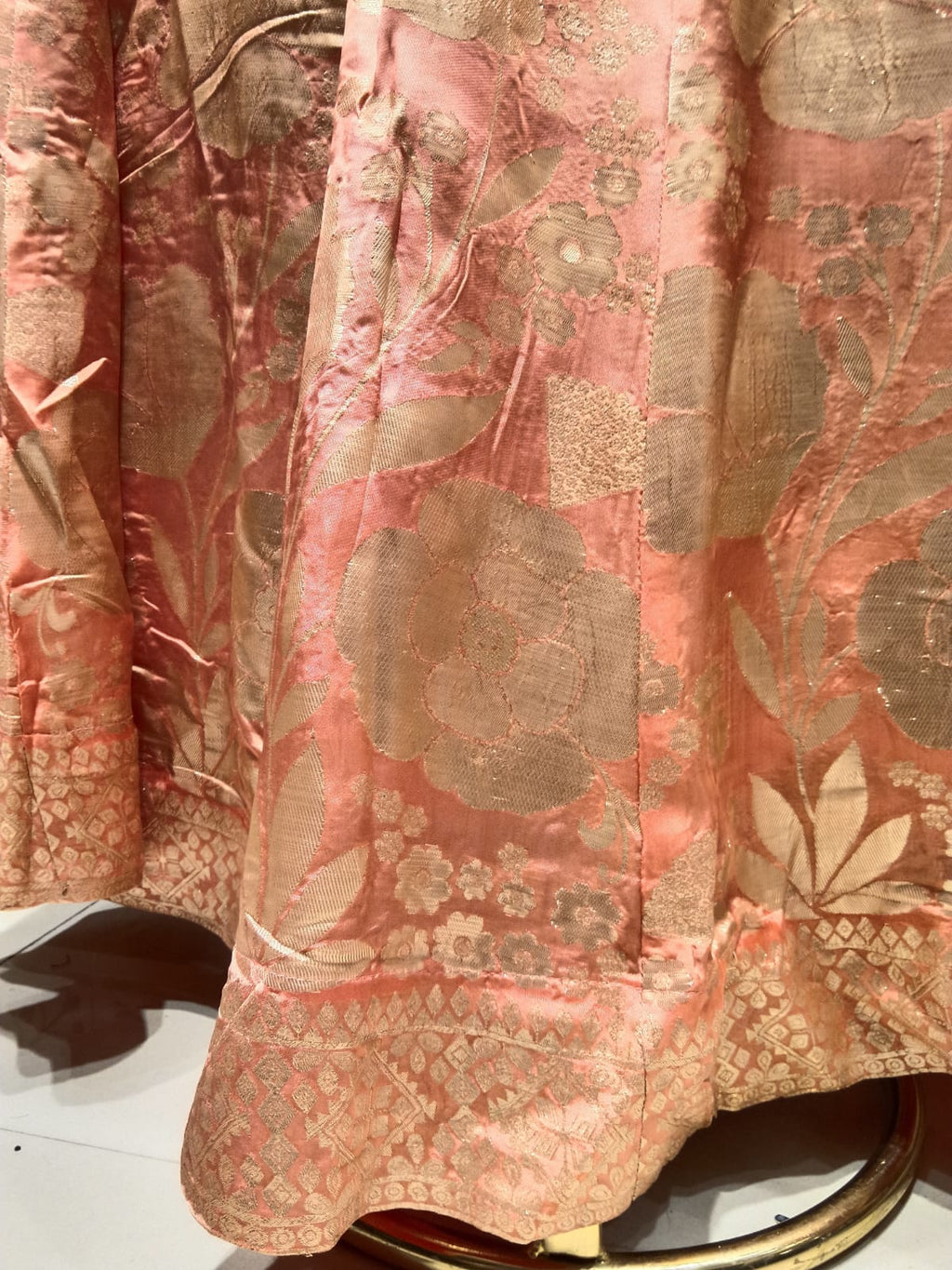 Simmer Peach Banarasi Lehenga with Heavy Mirror Corset Blouse.