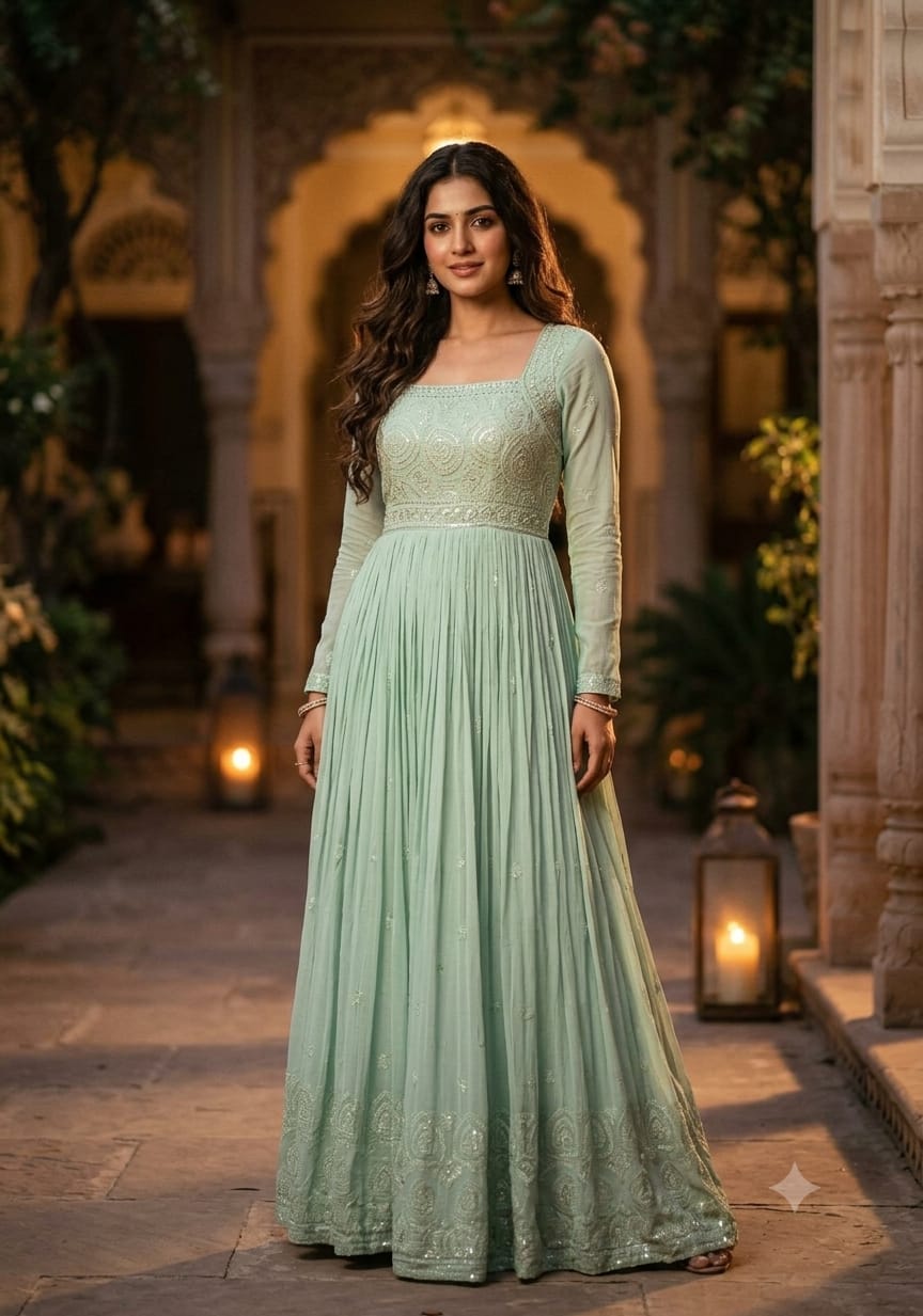 Mint Green Embroidered Georgette Anarkali Gown.