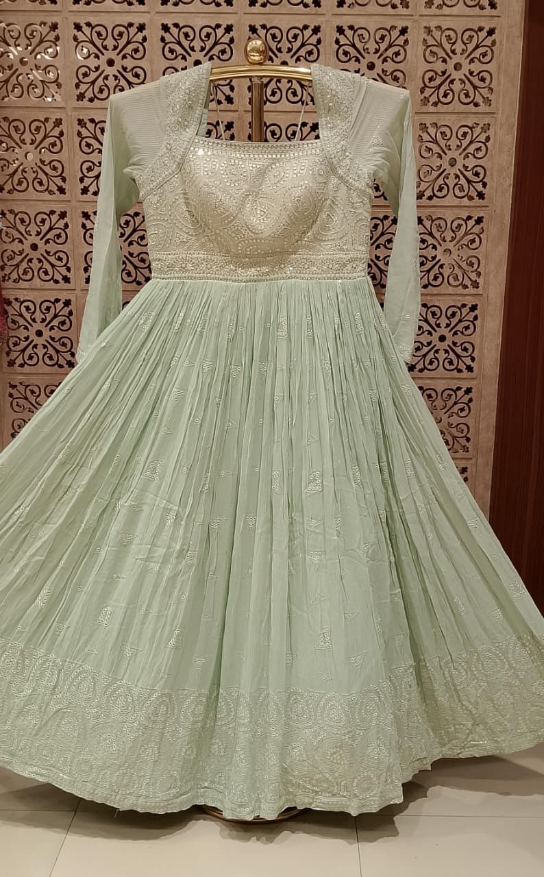 Mint Green Embroidered Georgette Anarkali Gown.