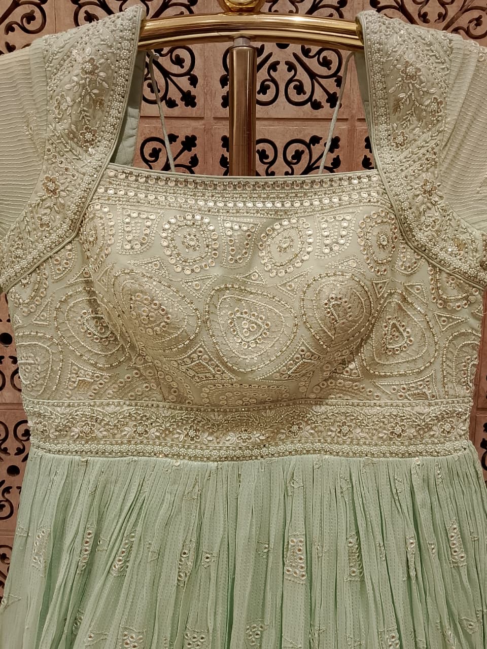 Mint Green Embroidered Georgette Anarkali Gown.