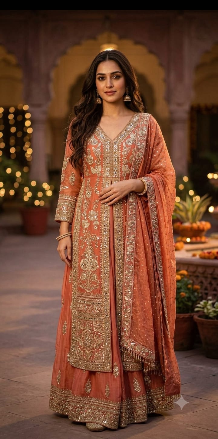 Simmer Peach Gota Patti & Mirror Work Jacket Palazzo Set.