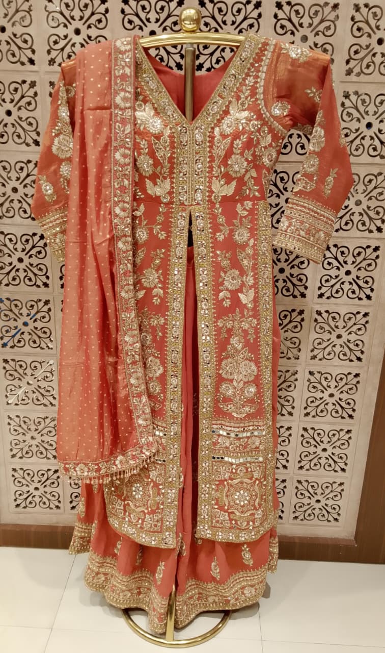 Simmer Peach Gota Patti & Mirror Work Jacket Palazzo Set.