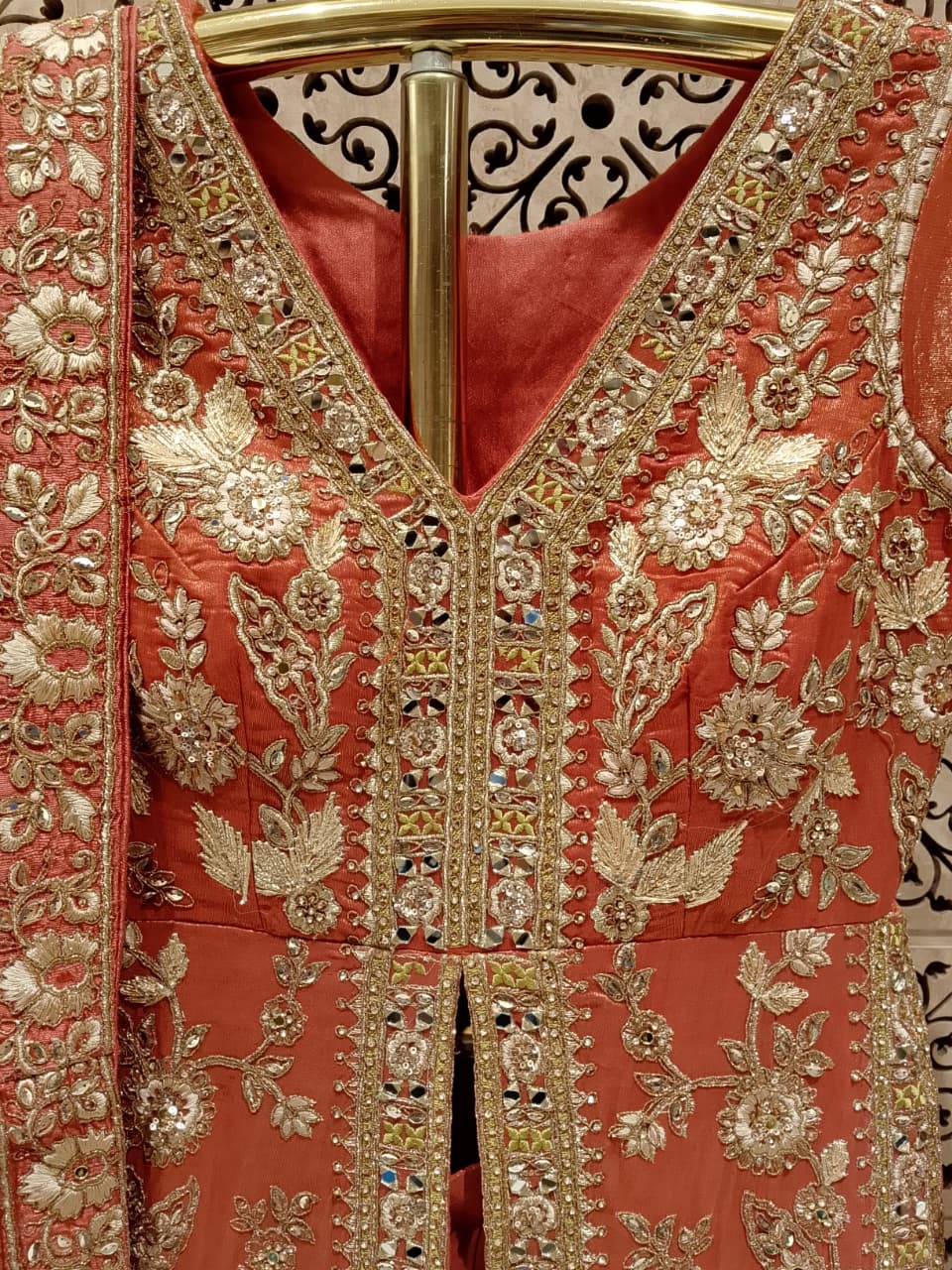 Simmer Peach Gota Patti & Mirror Work Jacket Palazzo Set.