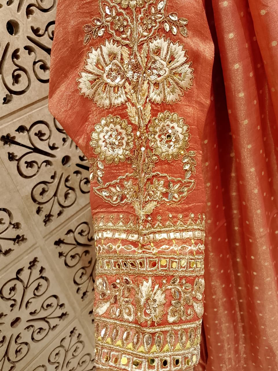 Simmer Peach Gota Patti & Mirror Work Jacket Palazzo Set.