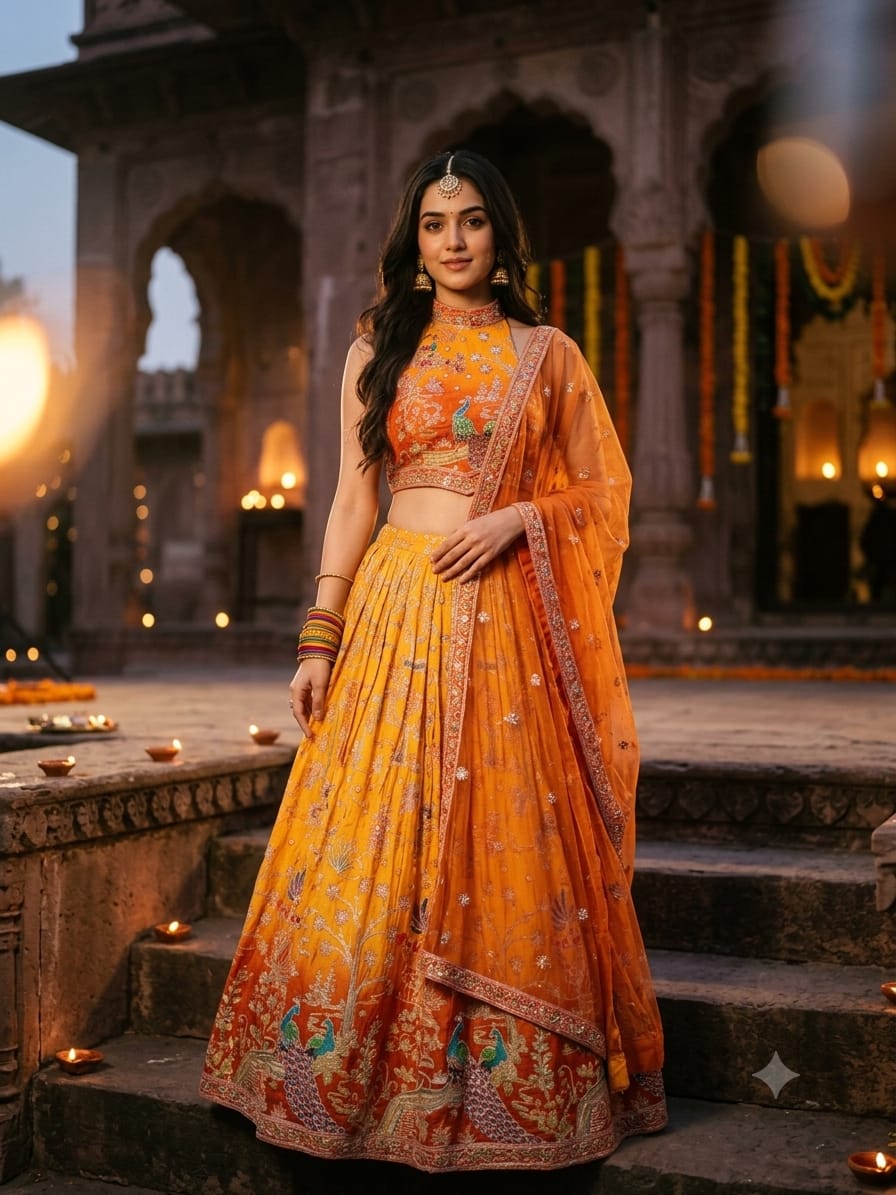 Mustard Yellow & Ochre Satin Silk Lehenga Set with Peacock Pichwai Embroidery.