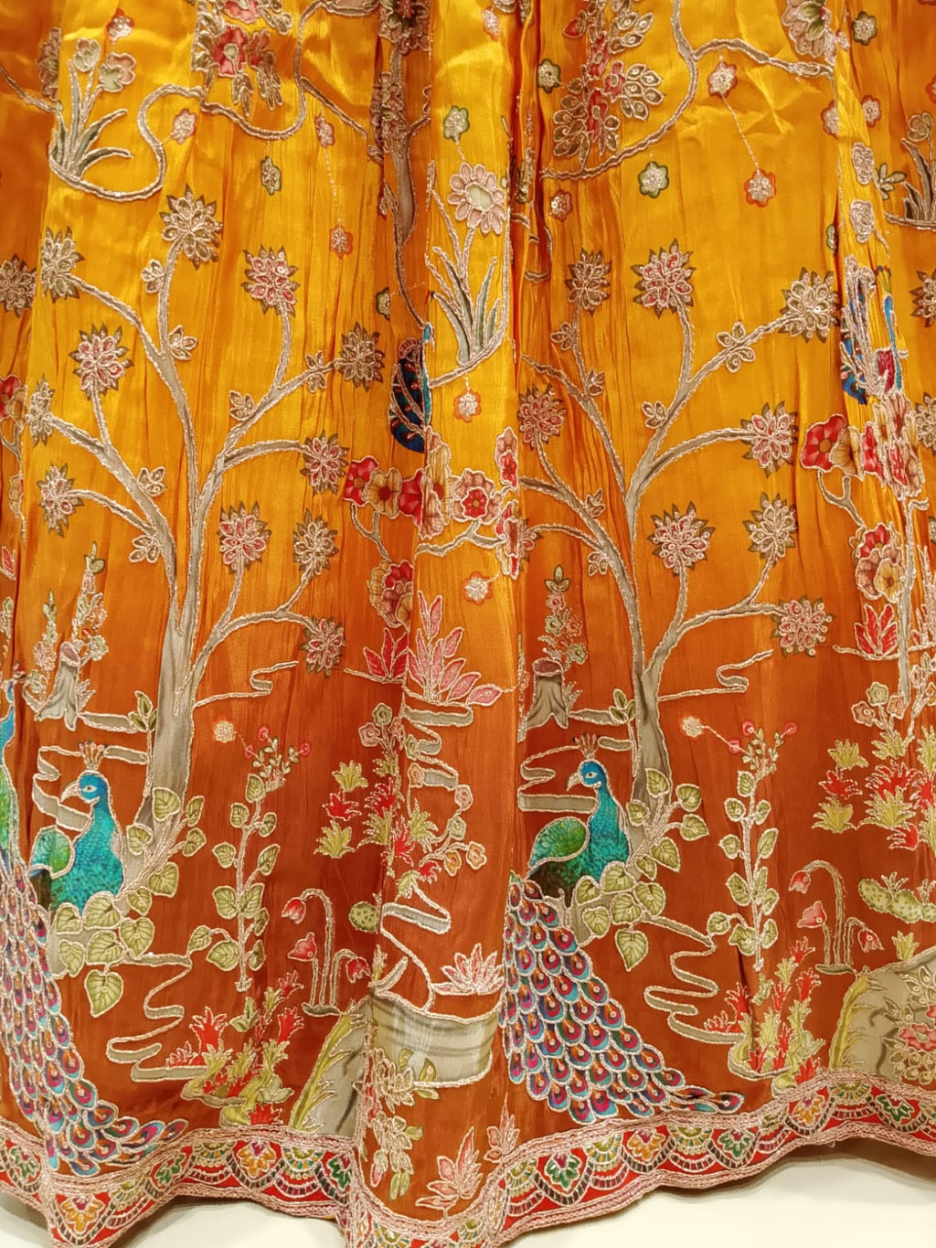 Mustard Yellow & Ochre Satin Silk Lehenga Set with Peacock Pichwai Embroidery.