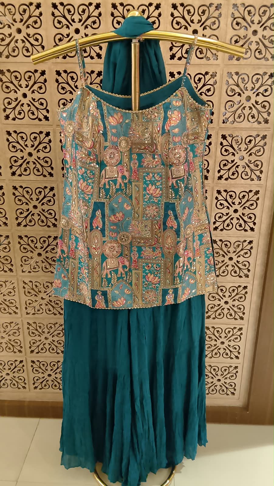 Teal Blue Heritage Printed & Embroidered Silk Palazzo Suit Set Mehendi, Sangeet, Pre-wedding Functions, Festive Parties