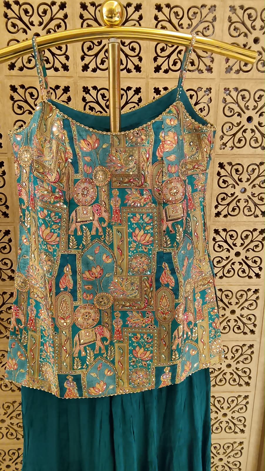 Teal Blue Heritage Printed & Embroidered Silk Palazzo Suit Set Mehendi, Sangeet, Pre-wedding Functions, Festive Parties