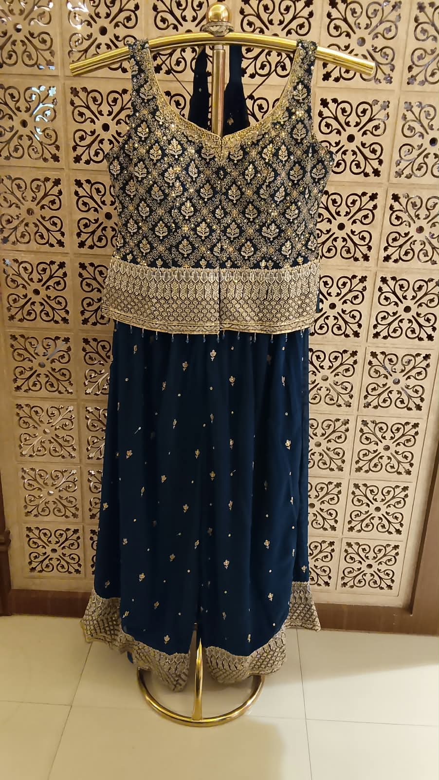 Midnight Navy Blue Embroidered Georgette Short Top & Flared Palazzo Set, Sangeet, Wedding Reception, Diwali Parties, Festive Functions