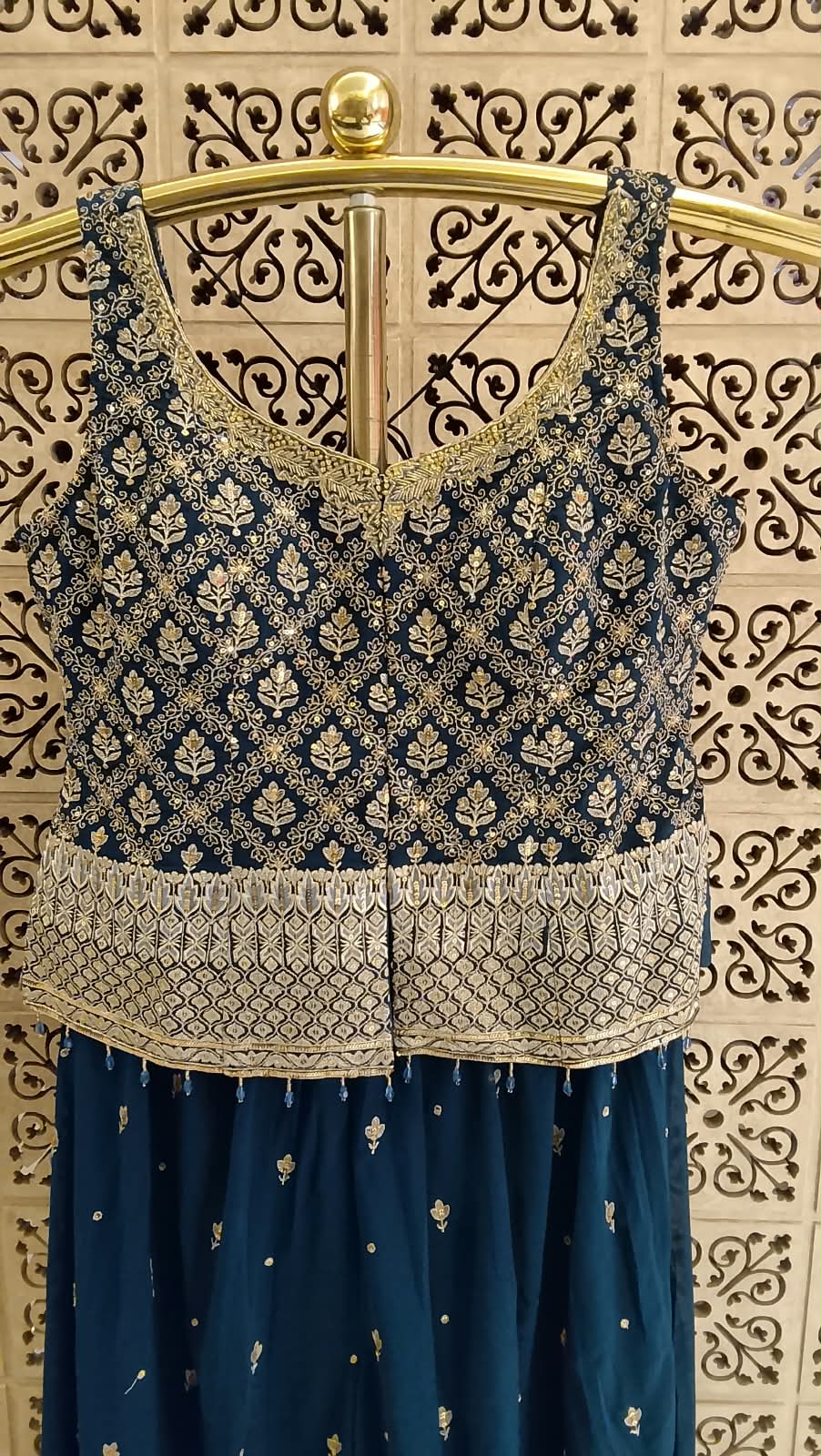 Midnight Navy Blue Embroidered Georgette Short Top & Flared Palazzo Set, Sangeet, Wedding Reception, Diwali Parties, Festive Functions