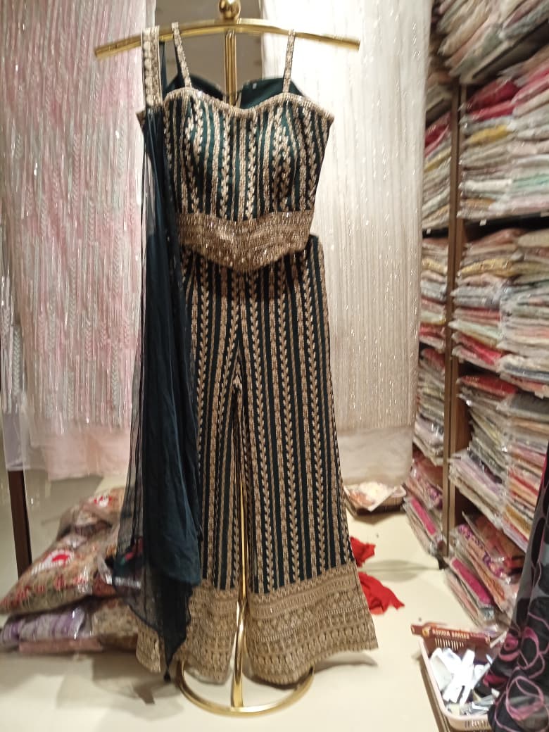 Midnight Black Kasturi Georgette Palazzo Set with Dori and Sequin Work.