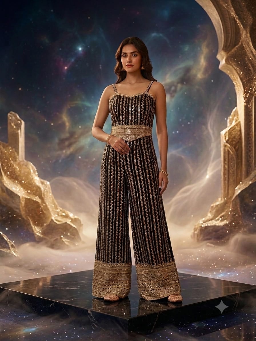 Midnight Black Kasturi Georgette Palazzo Set with Dori and Sequin Work.