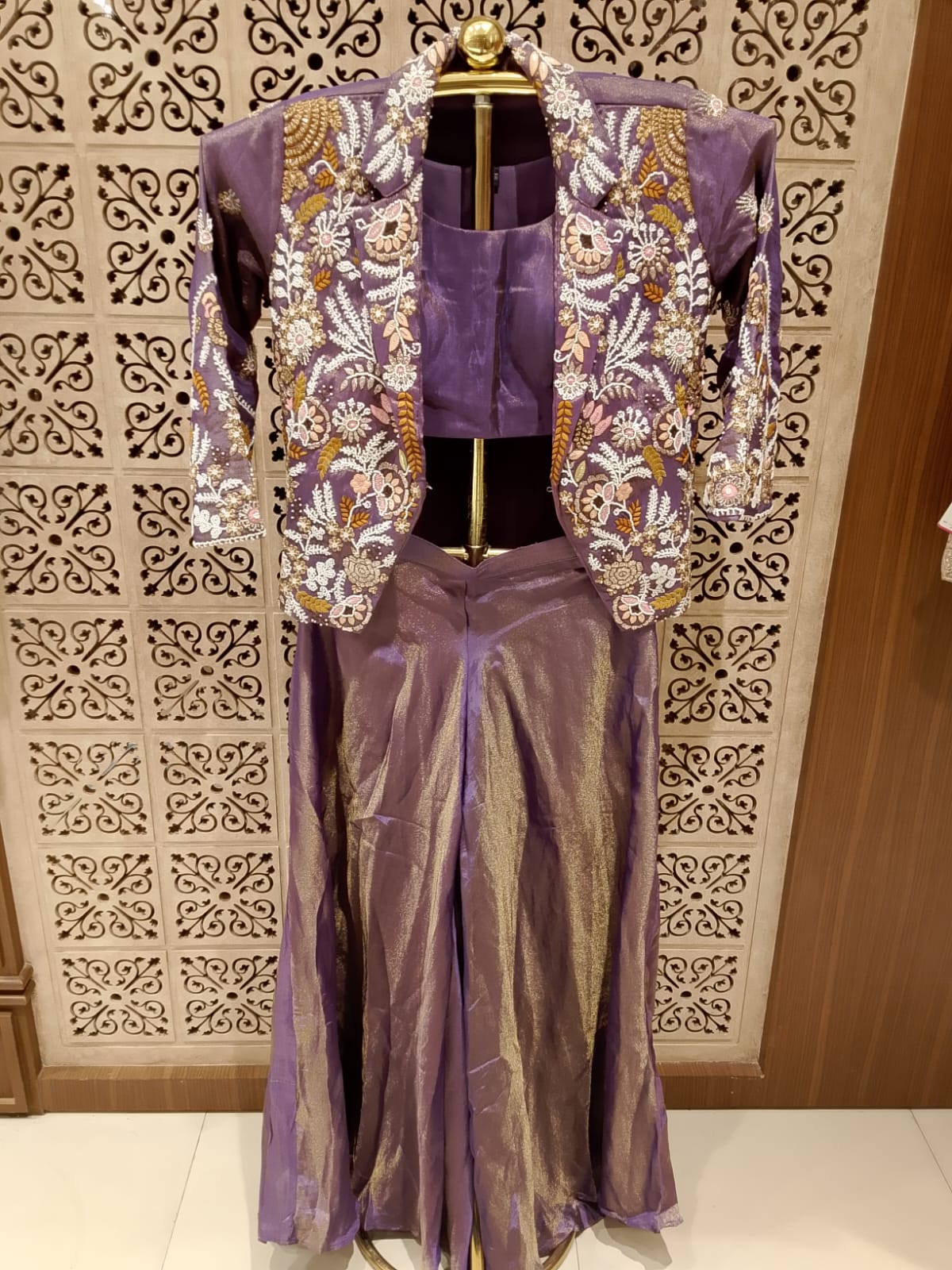 Lavender-Purple Embroidered Jacket, Crop Top & Tissue Palazzo 3-Piece Set