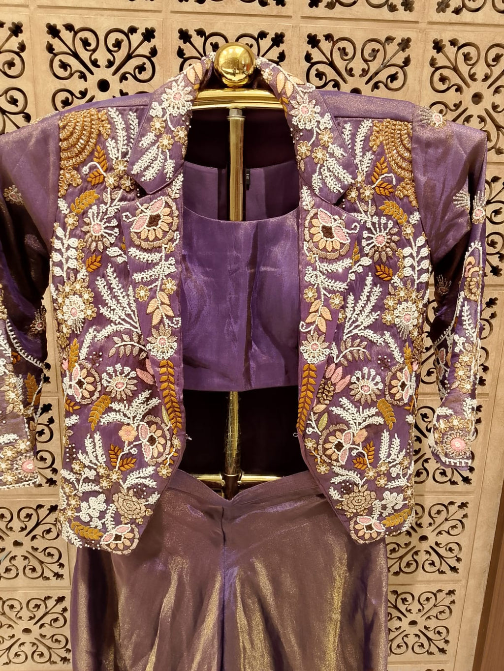 Lavender-Purple Embroidered Jacket, Crop Top & Tissue Palazzo 3-Piece Set