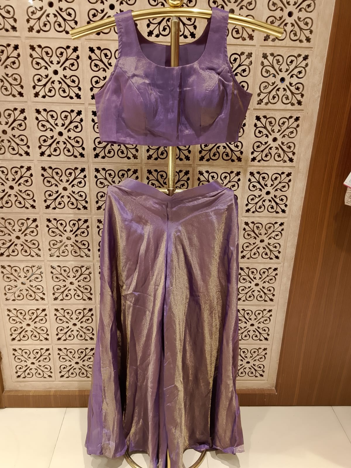 Lavender-Purple Embroidered Jacket, Crop Top & Tissue Palazzo 3-Piece Set