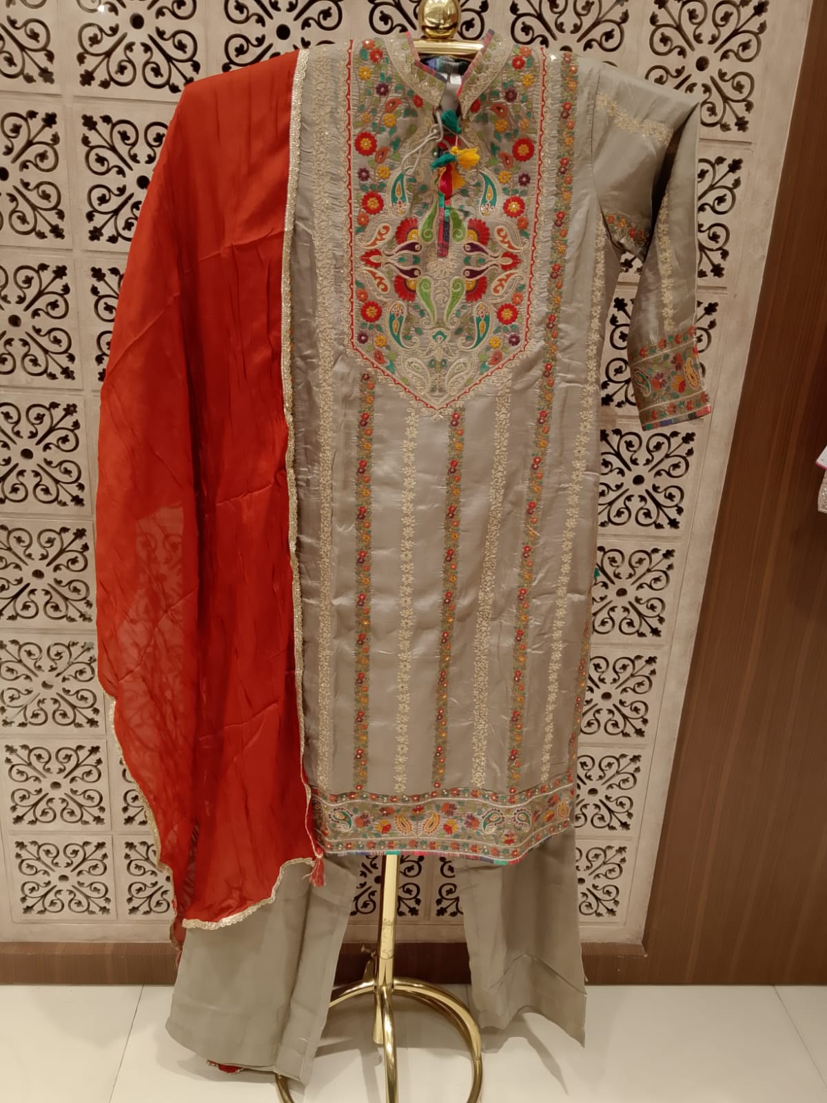 Warm Grey Embroidered Straight Kurta, Tapered Pants & Rust Dupatta Set